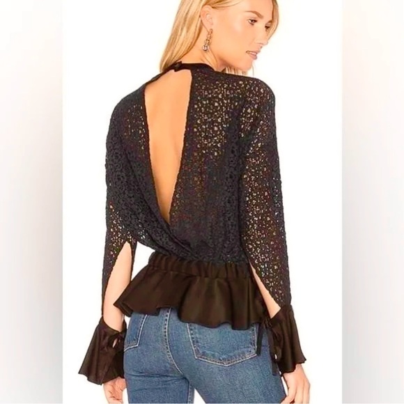 Marissa Webb Revolve Navy/Black Sullivan Crepe & Lace Blouse Cut Out Sleeves L - Picture 1 of 10